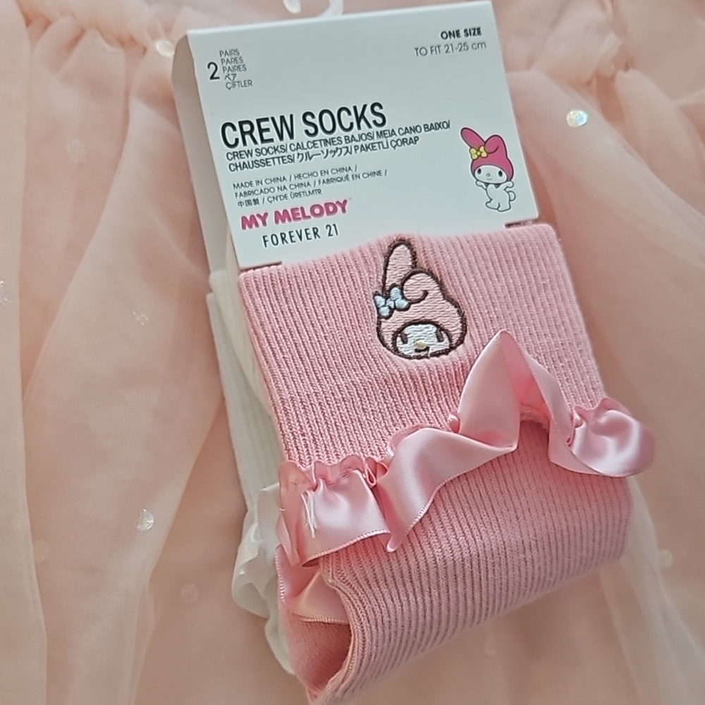 Forever 21 Pink Crew Socks with Bunny Design and Ruffle Detail